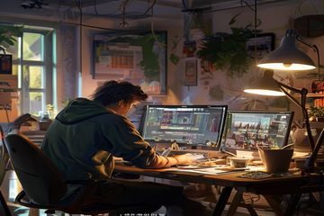 淫乱小镇内容创作区域截图，创作者在明亮工作台前专注创作，活力氛围