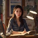 淫乱小镇内容总监林晓月头像，温柔知性女性编辑形象，书桌工作环境